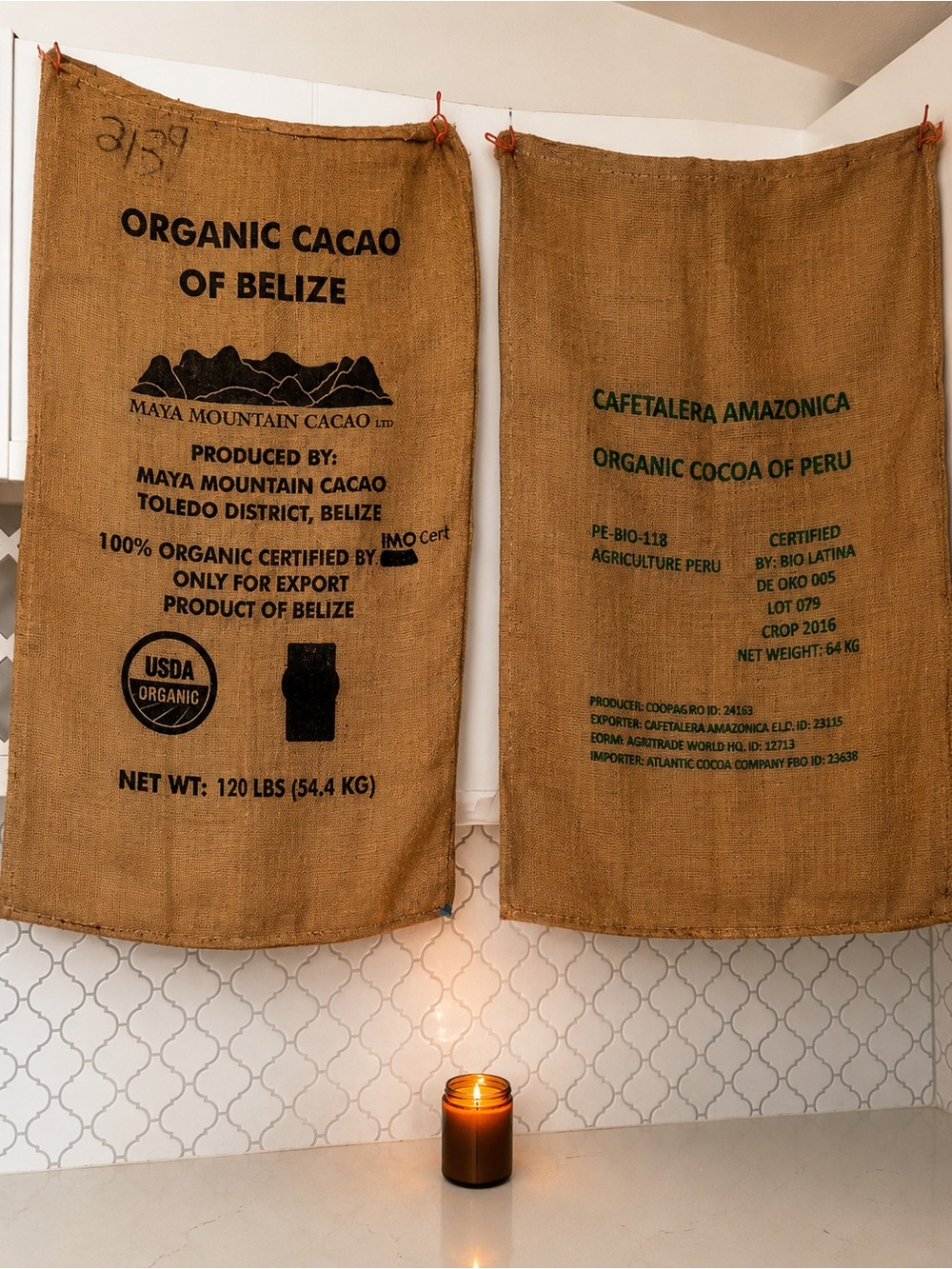 Rustic Organic Cacao Burlap Sack Wall Decor Set • Belize & Peru Coffee Bar Decor